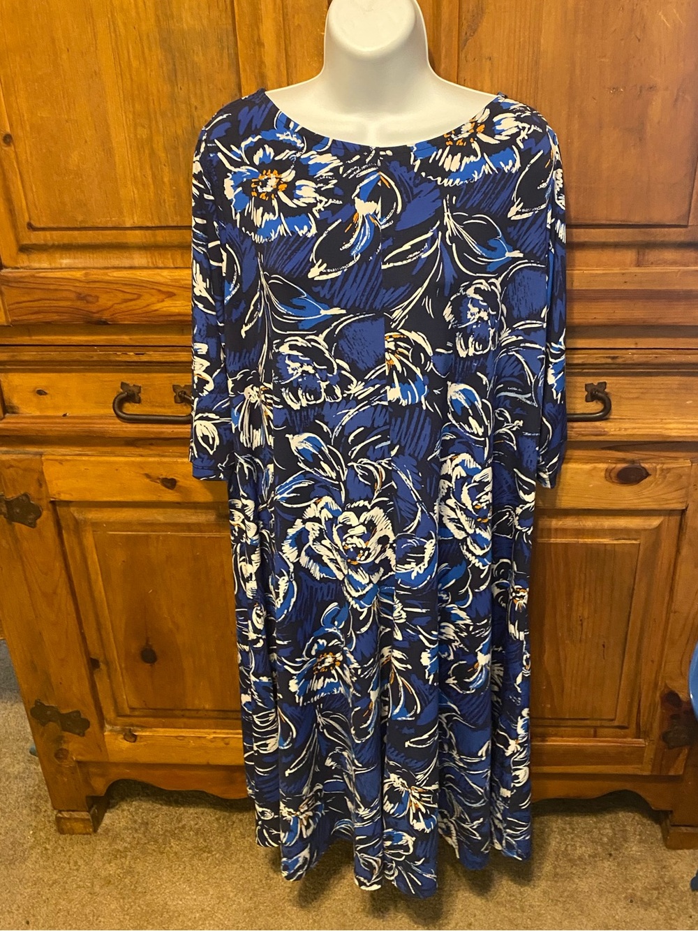 Roaman's Blue Floral A-Line Dress 18/20 Poly-Spandex Stretch Travel Capsule Boho